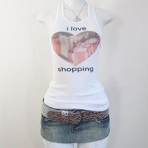 y2k i love shopping graphic tank white ribbed baby tee mcbling size S
